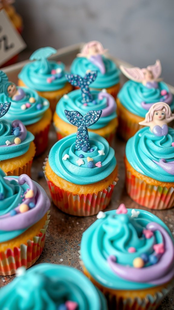 25 Creative Mermaid-Inspired Party Food Ideas Colorful under the sea cupcakes decorated with mermaid tails