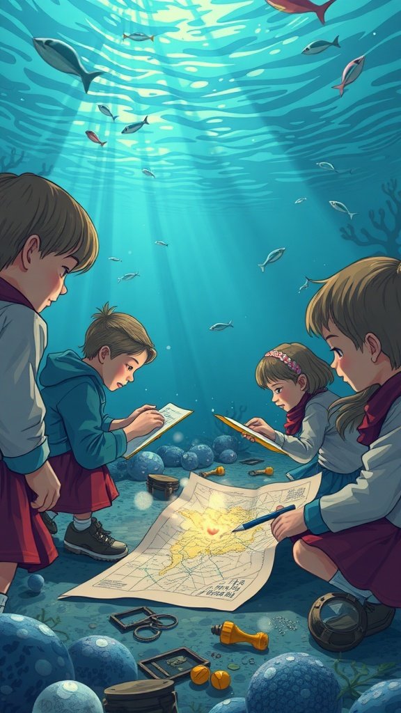 25 Enchanting Ideas for the Ultimate Mermaid-Themed Kids Party Kids engaged in a treasure hunt under the sea, examining a map with fish swimming around.
