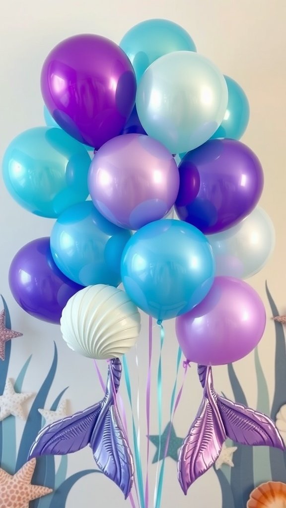 25 Stunning Mermaid Party Decoration Ideas for an Underwater Adventure A cluster of underwater-themed balloons featuring shades of blue and purple, with a shell and mermaid tails.