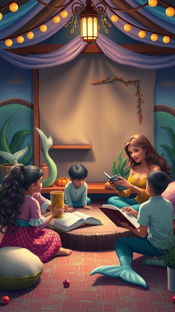 25 Enchanting Ideas for the Ultimate Mermaid-Themed Kids Party A cozy storytelling session with a mermaid and kids gathered around a table, filled with books and decorations.