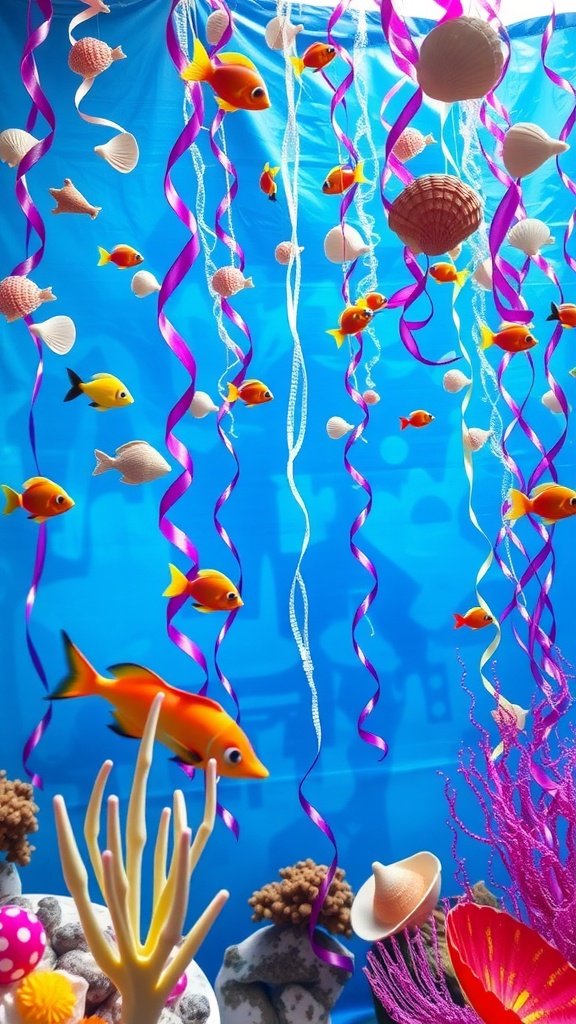 25 Enchanting Ideas for the Ultimate Mermaid-Themed Kids Party Colorful underwater decorations featuring fish, shells, and coral for a mermaid party.