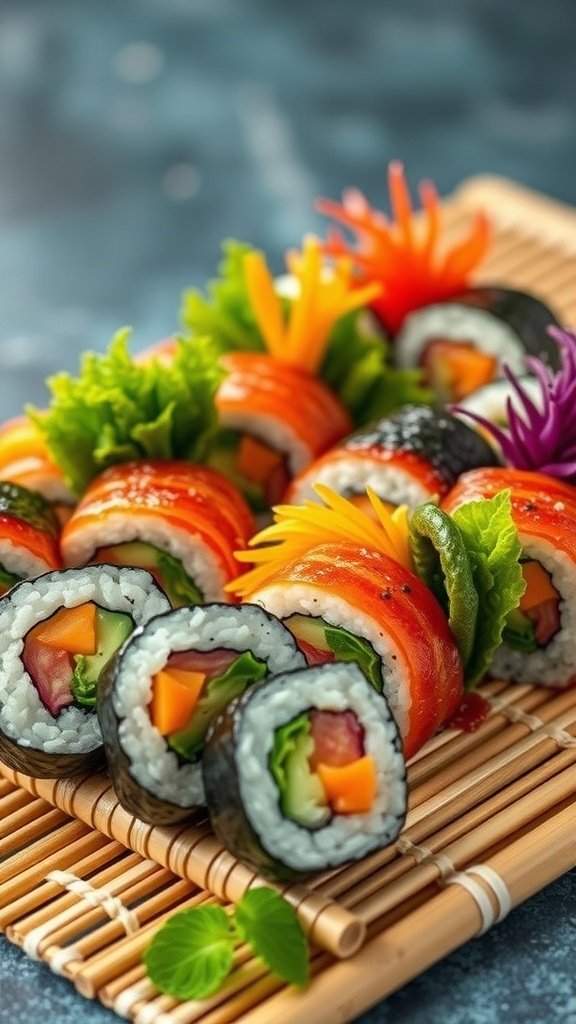 25 Creative Mermaid-Inspired Party Food Ideas Colorful veggie sushi rolls arranged on a bamboo mat.