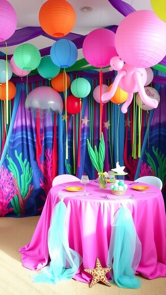 35 Magical Mermaid Party Ideas for an Under-the-Sea Celebration Colorful decorations for a mermaid party with pink tablecloth, lanterns, and ocean-themed decor.