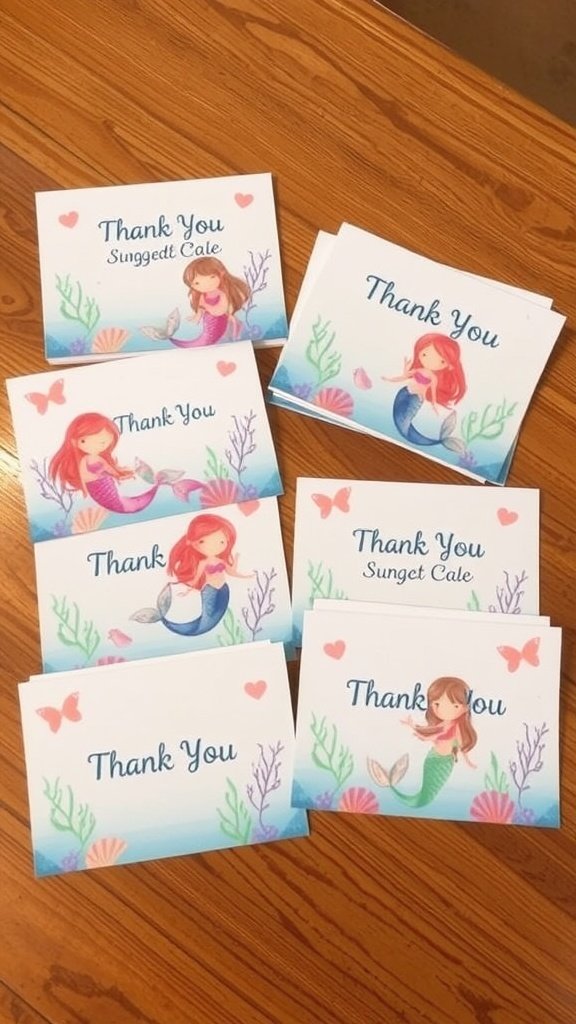 35 Magical Mermaid Party Ideas for an Under-the-Sea Celebration Colorful mermaid-themed thank you notes with illustrations and a playful font