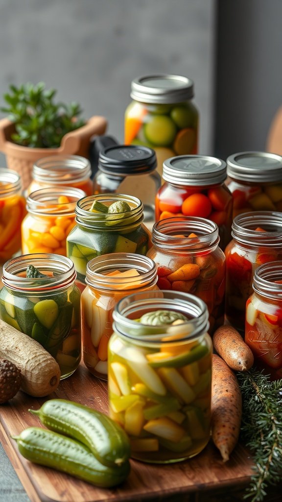 35 Stunning Grazing Table Ideas That Will Wow Your Guests (You Won't Believe #12!) Colorful jars of pickled vegetables on a wooden board.