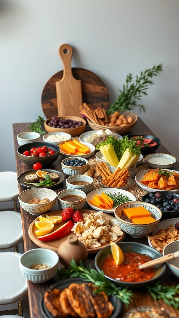 35 Stunning Grazing Table Ideas That Will Wow Your Guests (You Won't Believe #12!) A vibrant grazing table featuring various serving platters and bowls filled with fruits, vegetables, and snacks.