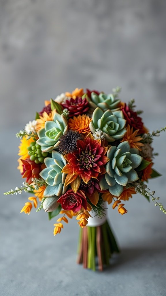 35 Stunning Fall Wedding Flowers That Will Make Your Guests Swoon! A vibrant bouquet featuring a mix of succulents and colorful autumn flowers, showcasing rich reds, greens, and oranges.