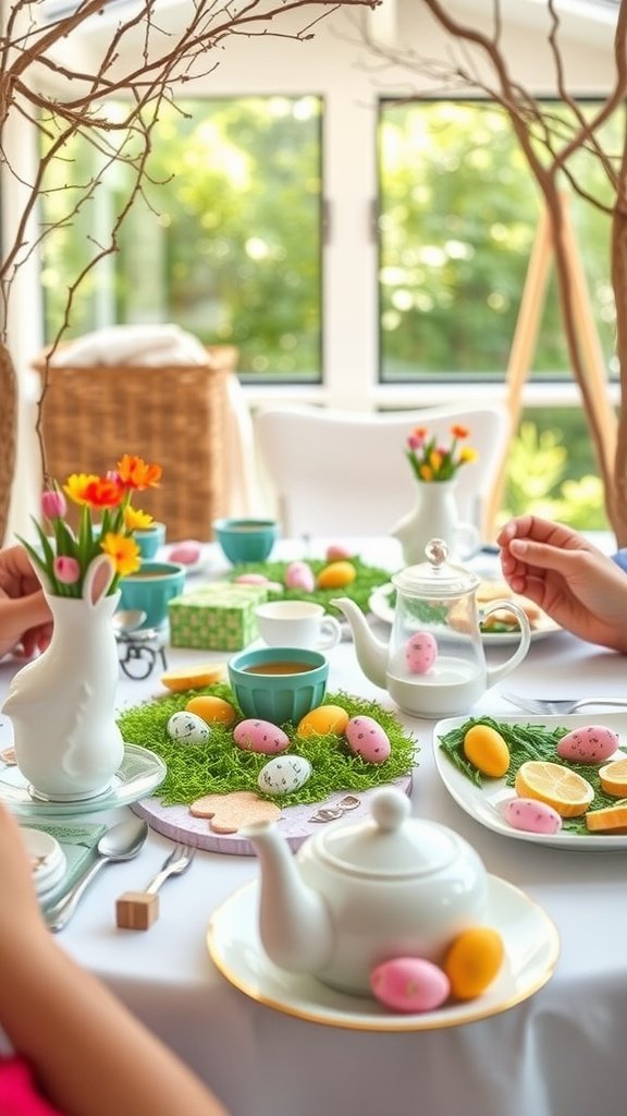 35 Charming Easter Tea Party Ideas for a Festive Celebration A beautifully arranged Easter tea party table with colorful decorations, tea set, and festive eggs.