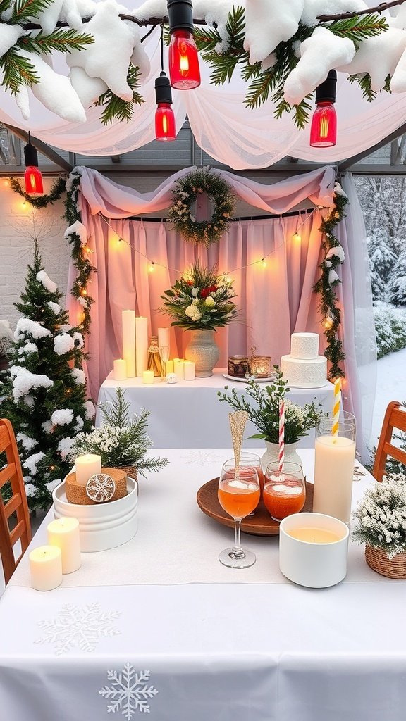 35 Enchanting Ideas for a Magical Winter Wedding Winter-themed bridal shower setup with snowy decorations, candles, and drinks.