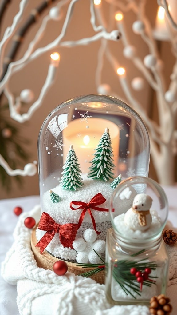 35 Enchanting Ideas for a Magical Winter Wedding A beautiful snow globe featuring evergreen trees and a snowman, decorated with lights and a cozy setting, perfect for winter wedding favors.