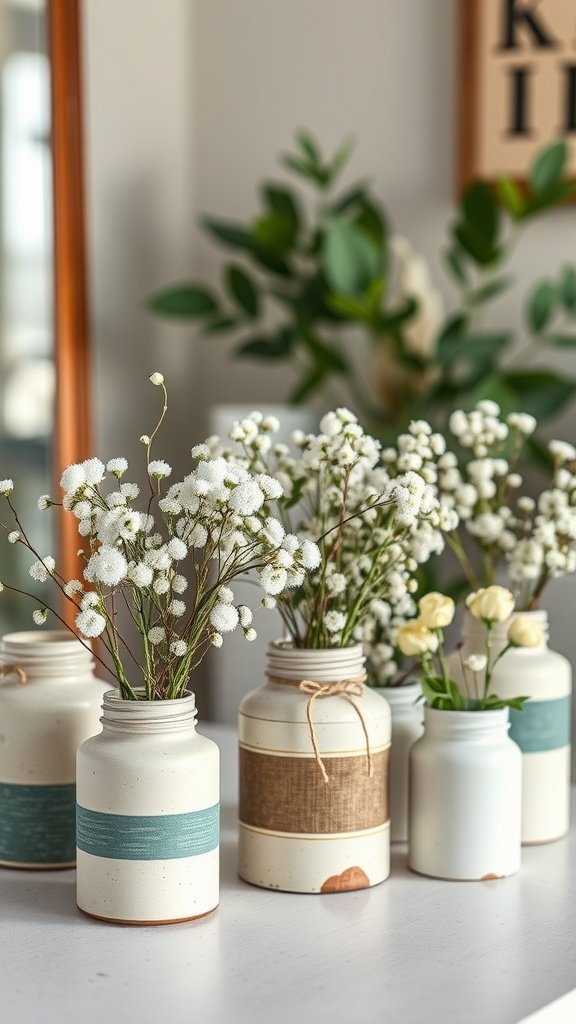 30 Beautiful Baby's Breath Centerpiece DIY Ideas A collection of upcycled jars as centerpieces with baby’s breath flowers.