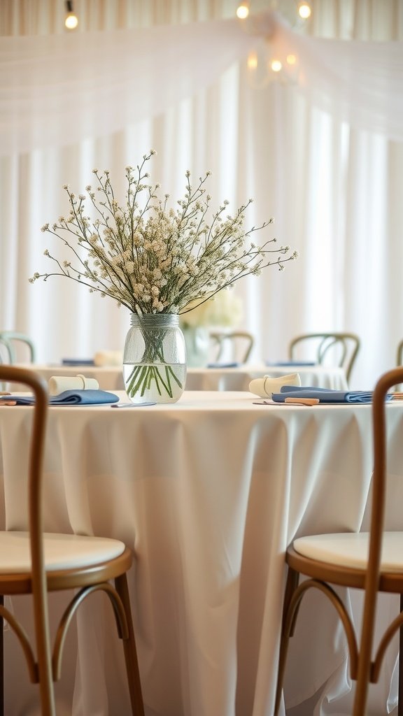 30 Beautiful Baby's Breath Centerpiece DIY Ideas A table setting with a baby's breath centerpiece in a glass vase, surrounded by chairs and elegant decor.