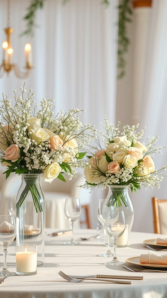 30 Stunning Baby's Breath Bouquets That Will Steal Your Heart (Wait Until You See #4!) Beautiful wedding table decor featuring pink and white roses with baby's breath bouquets in clear vases.