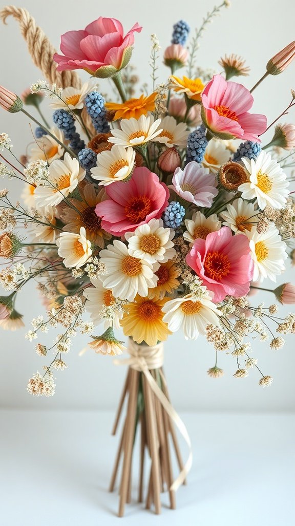 35 Enchanting Spring Wedding Flowers for Your Dream Celebration A vibrant bouquet of dried flowers featuring pink, white, and yellow blooms arranged with natural elements.
