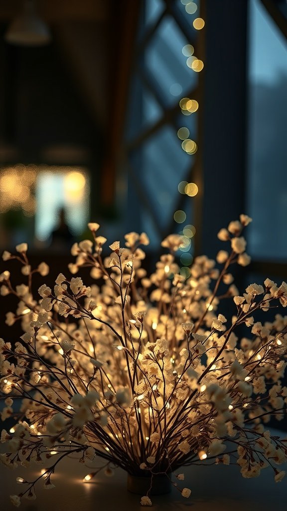 30 Beautiful Baby's Breath Centerpiece DIY Ideas A beautifully lit baby’s breath centerpiece with soft lights.