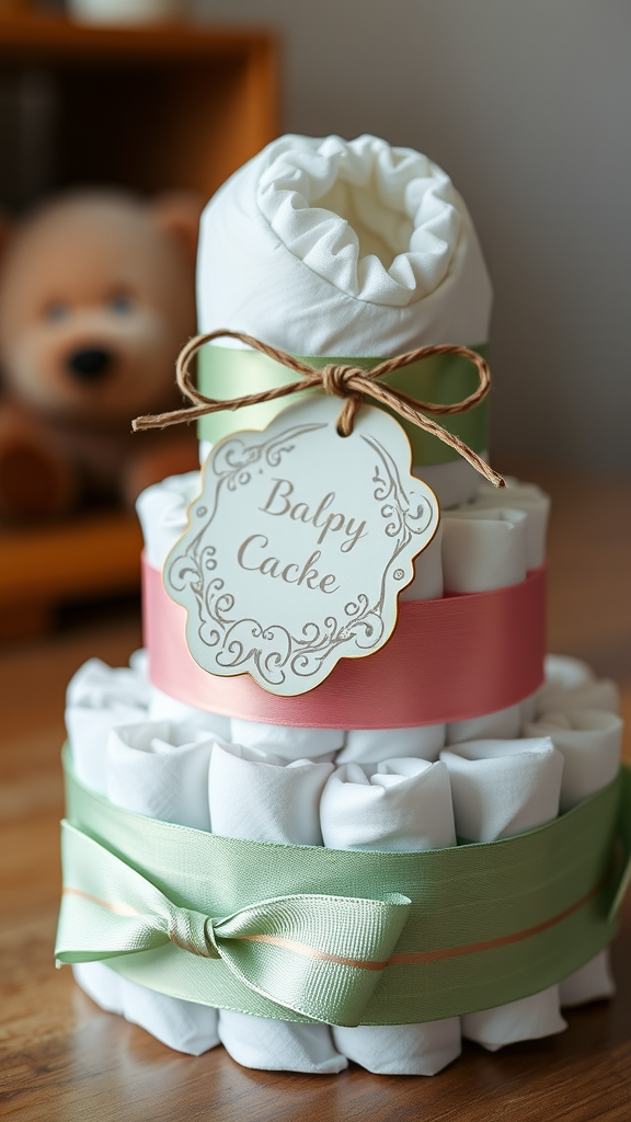 25 Creative Mini Diaper Cake Ideas for Baby Showers A beautifully arranged mini diaper cake with ribbons and a gift tag.