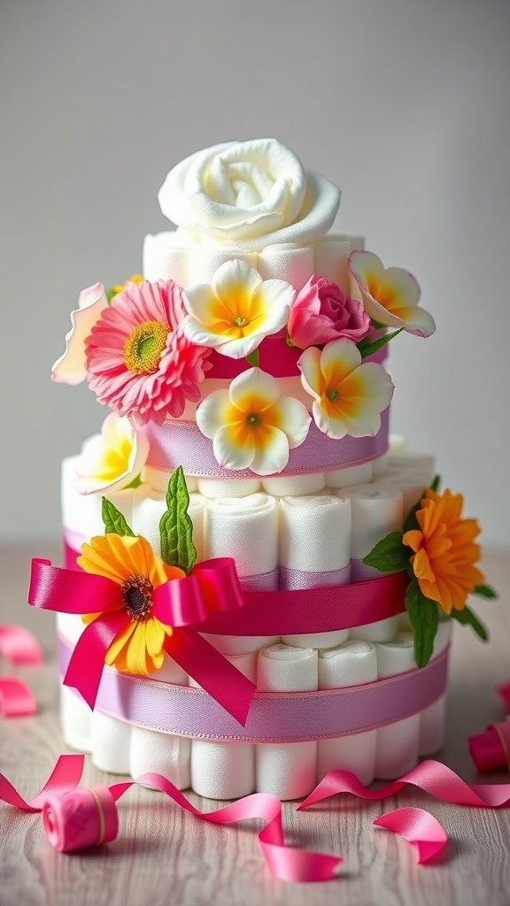 25 Creative Mini Diaper Cake Ideas for Baby Showers A beautifully decorated mini diaper cake with ribbons and flowers.