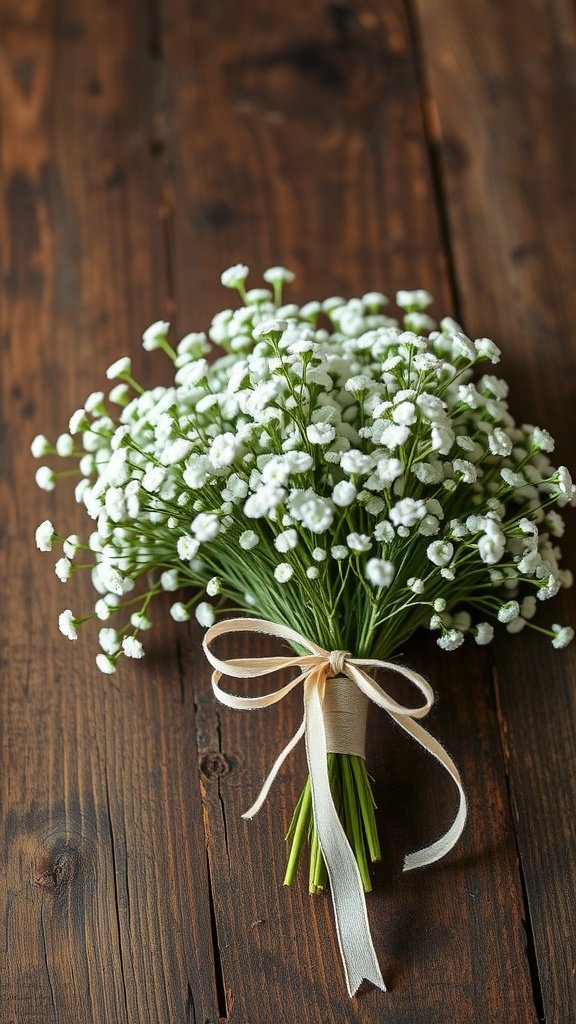 30 Beautiful Baby's Breath Centerpiece DIY Ideas A bouquet of baby's breath tied with a ribbon on a wooden surface.
