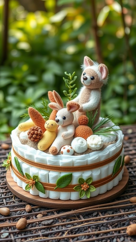 25 Creative Mini Diaper Cake Ideas for Baby Showers A mini diaper cake decorated with adorable animal figures and greenery