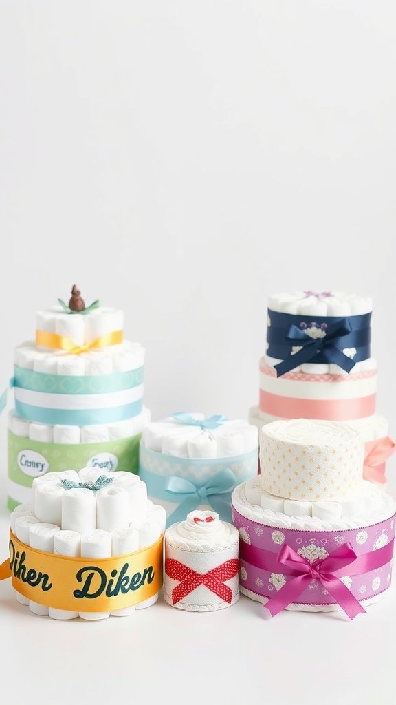 25 Creative Mini Diaper Cake Ideas for Baby Showers A collection of mini diaper cakes made from various diapers, decorated with colorful ribbons and small accessories.