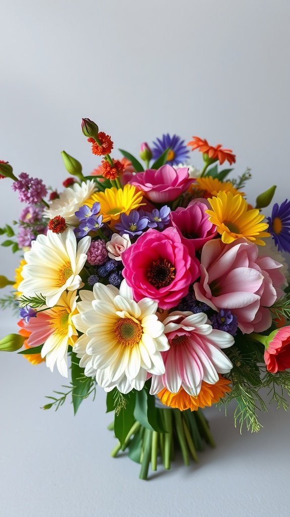 35 Stunning Fall Wedding Flowers That Will Make Your Guests Swoon! A colorful bouquet featuring daisies, roses, and marigolds, perfect for a fall wedding.