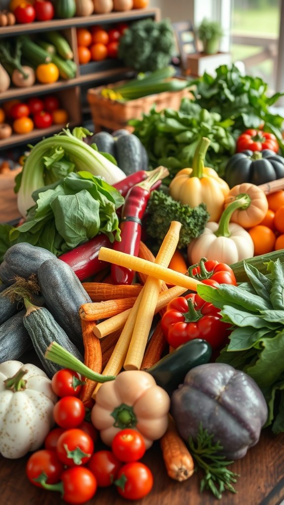 35 Easter Tablescape Ideas for a Festive Celebration A variety of seasonal vegetables including tomatoes, carrots, and leafy greens displayed on a wooden table.