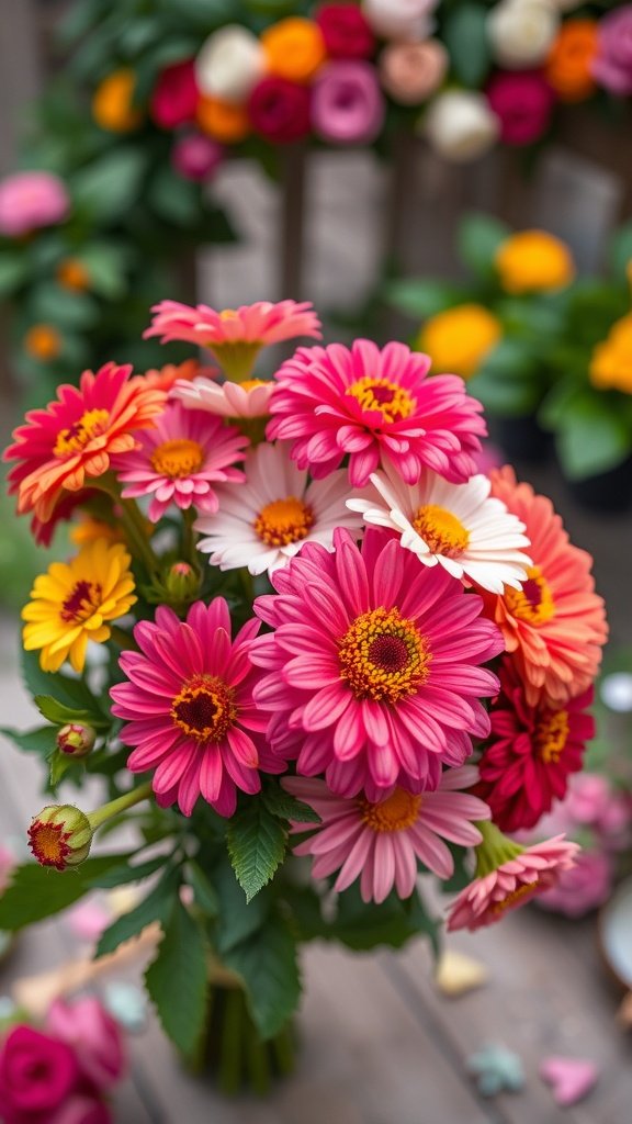 35 Stunning Fall Wedding Flowers That Will Make Your Guests Swoon! A vibrant bouquet of zinnias in various shades of pink, orange, and yellow, showcasing their playful character.