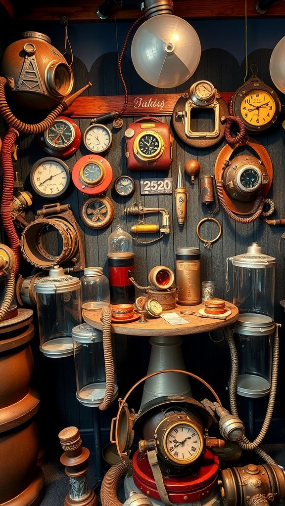 25 Stunning Mermaid Party Decoration Ideas for an Underwater Adventure A collection of vintage diving gear including helmets, clocks, and glass jars on a wall.