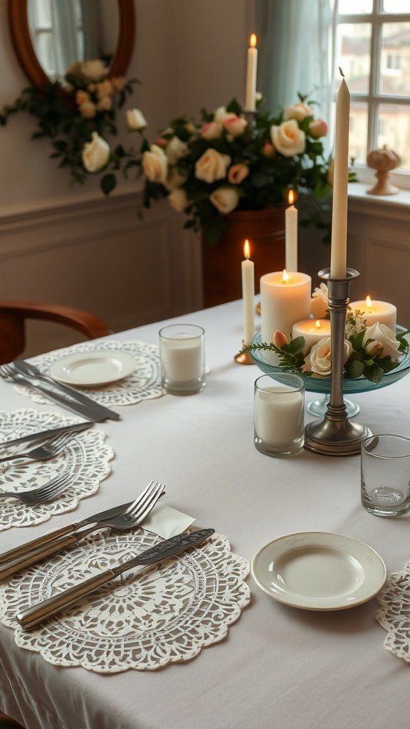 25 Stunning Valentines Table Decor Ideas That Will Make Your Dinner an Unforgettable Romance! A beautifully set vintage Valentine's Day table featuring lace placemats, candles, and fresh roses.