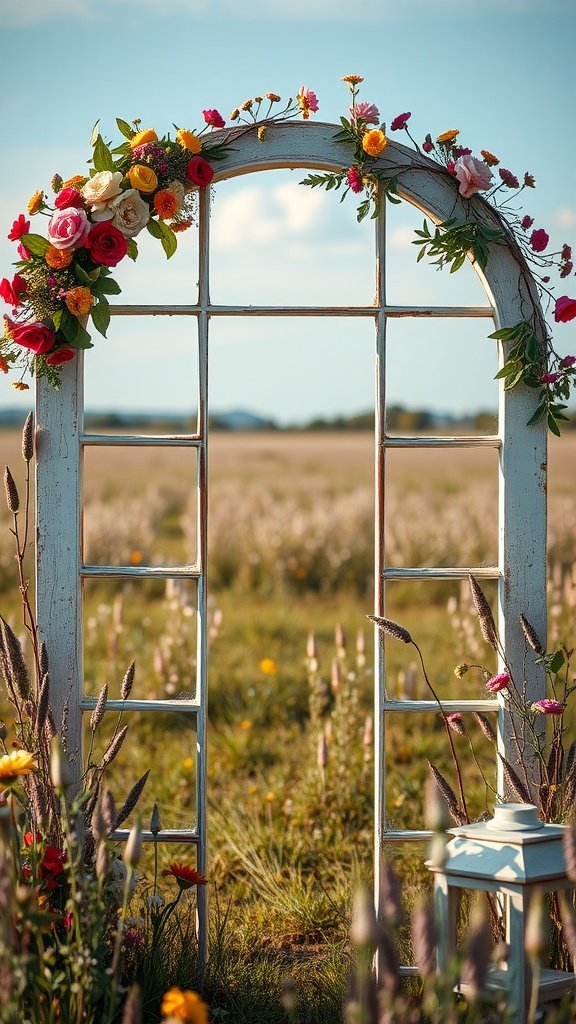 25 Unique Rustic Wedding Arch Ideas to Make Your Ceremony Unforgettable (Trust Us, #3 Is a Show-Stopper!) A vintage window pane arch adorned with colorful flowers, set in a field.