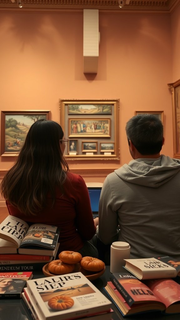 25 Cozy Indoor Date Ideas That'll Ignite the Spark (Prepare for Romance!) A couple enjoying a virtual museum tour with books and snacks. Indoor Date Ideas