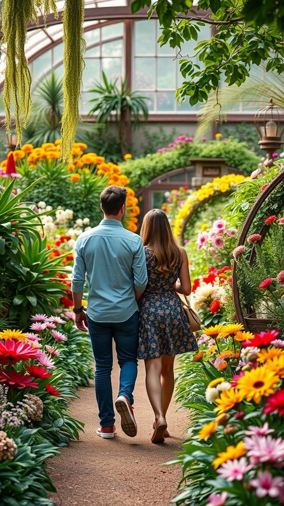 25 Creative Second Date Ideas That Will Leave a Lasting Impression (You’ll Love #8!) A couple walking hand in hand through a colorful botanical garden filled with flowers.
