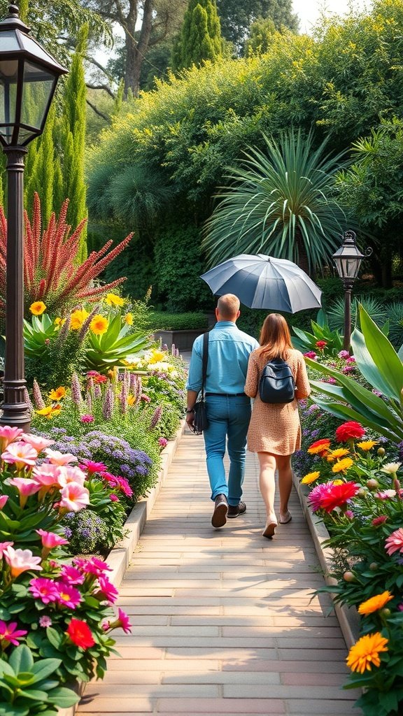 25 Creative Double Date Ideas That Will Spark Your Imagination! A couple walking through a vibrant botanical garden, surrounded by colorful flowers and greenery.
