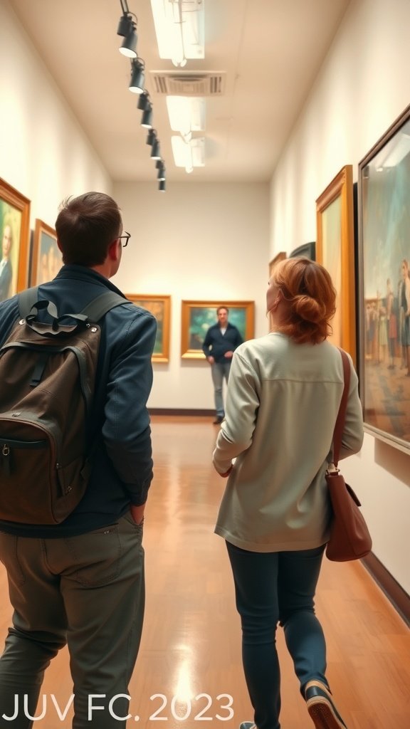 25 Creative Second Date Ideas That Will Leave a Lasting Impression (You’ll Love #8!) A couple walking through an art gallery, viewing paintings.