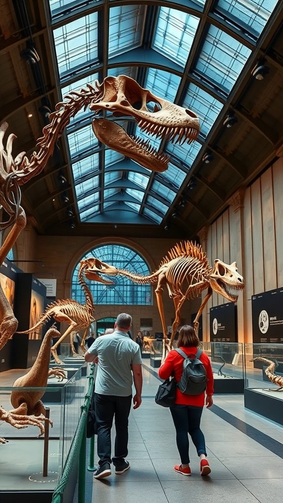 25 Creative Second Date Ideas That Will Leave a Lasting Impression (You’ll Love #8!) A couple walking through a museum, enjoying dinosaur skeletons on display.