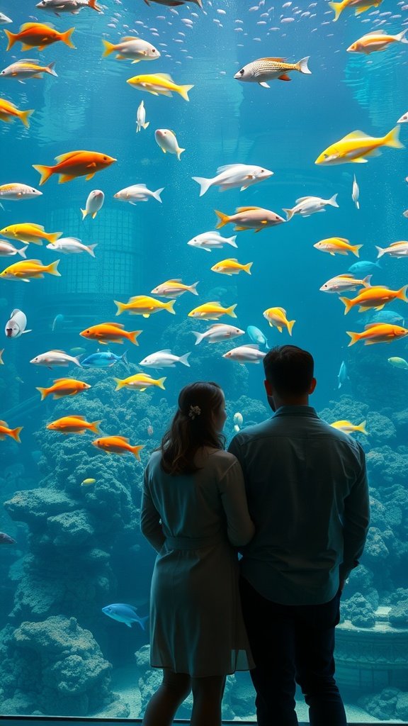 25 Creative Second Date Ideas That Will Leave a Lasting Impression (You’ll Love #8!) A couple enjoying an aquarium visit, surrounded by colorful fish