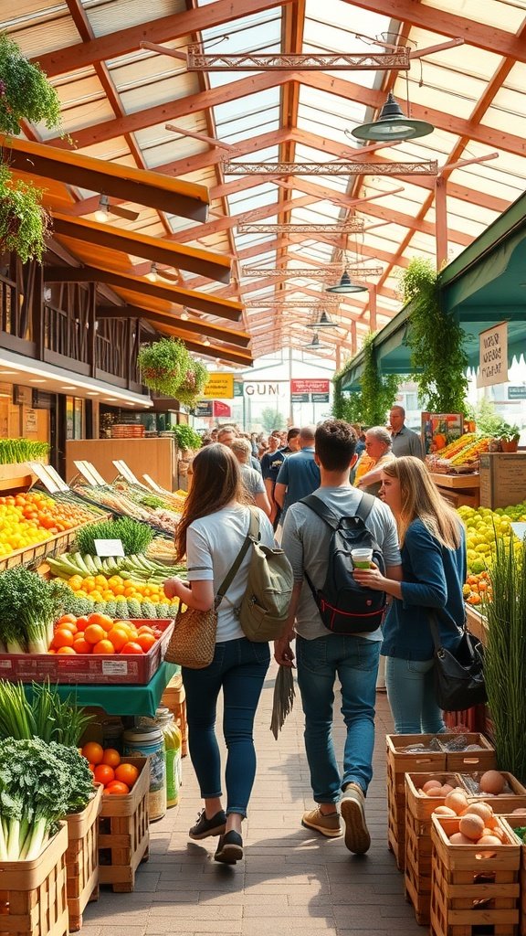 25 Creative Double Date Ideas That Will Spark Your Imagination! People shopping at a vibrant farmers' market filled with fruits and vegetables.
