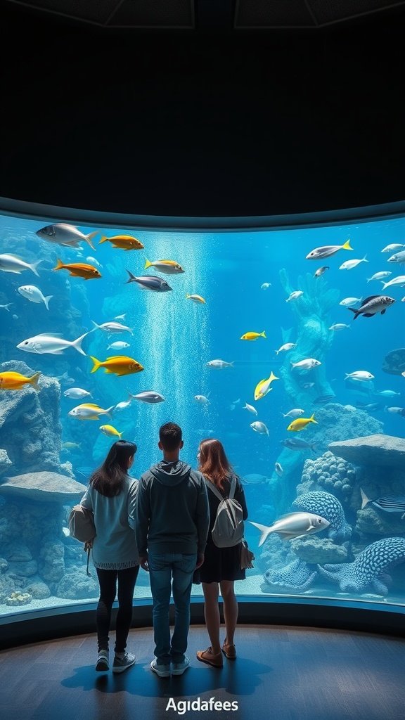 25 Creative Double Date Ideas That Will Spark Your Imagination! Two women and a man looking at a large aquarium filled with colorful fish.