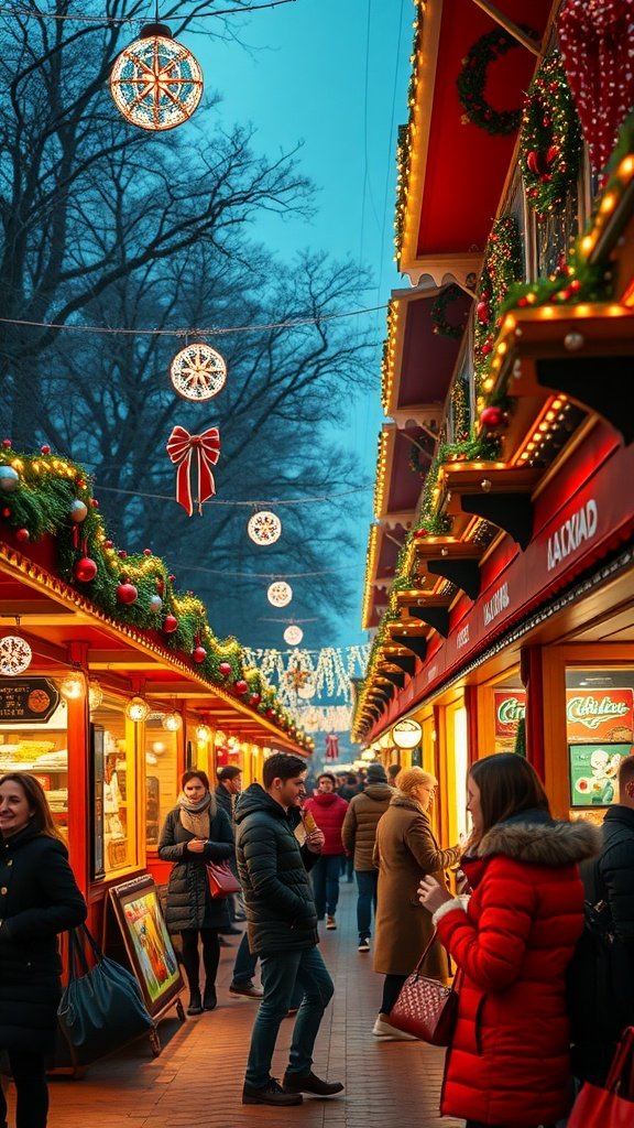 25 Cozy Winter Date Ideas That'll Melt Your Heart (You Won't Believe #5!) A cozy Christmas market scene with decorated stalls, lights, and people enjoying the festive atmosphere. Winter Date Ideas