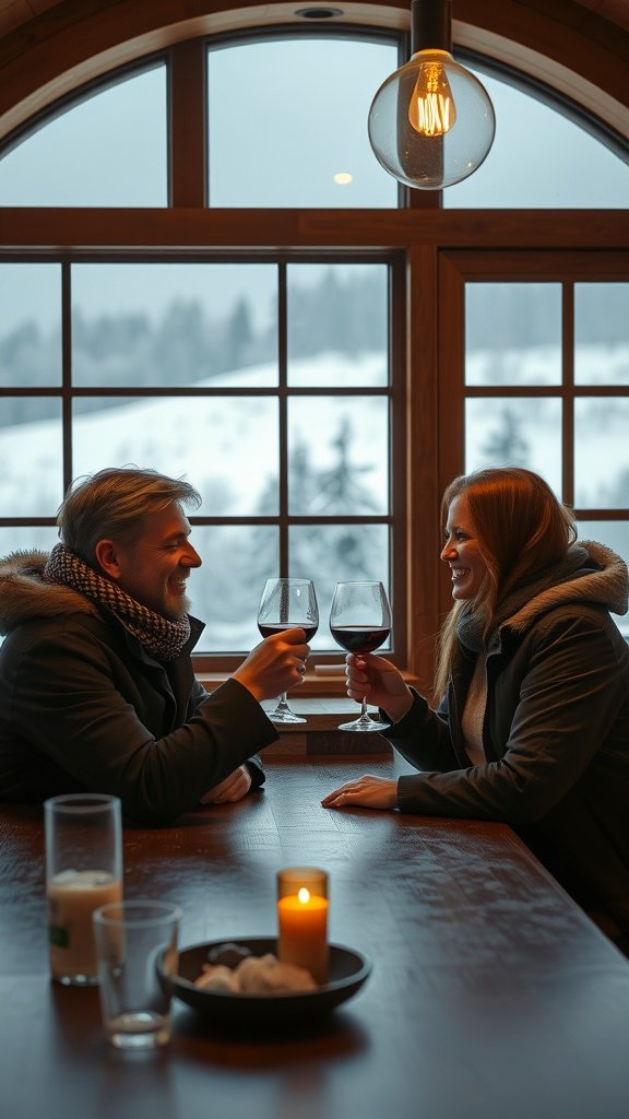 25 Cozy Winter Date Ideas That'll Melt Your Heart (You Won't Believe #5!) A couple clinking wine glasses at a winery with snow visible outside.