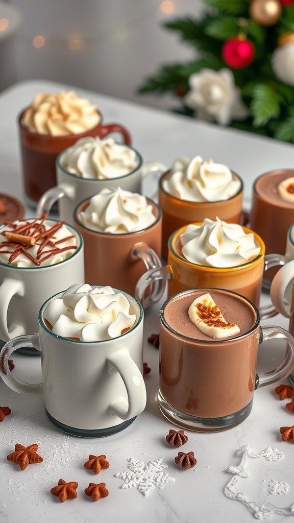 25 Cozy Winter Date Ideas That'll Melt Your Heart (You Won't Believe #5!) An assortment of beautifully garnished hot chocolate cups, showcasing different flavors and toppings, perfect for a winter date. Winter Date Ideas