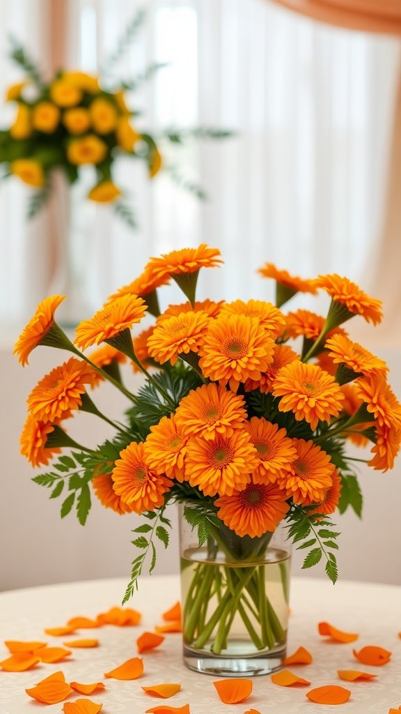 35 Stunning Fall Wedding Flowers That Will Make Your Guests Swoon! A vibrant bouquet of orange marigolds in a glass vase on a table, with yellow marigolds in the background and orange petals scattered around.