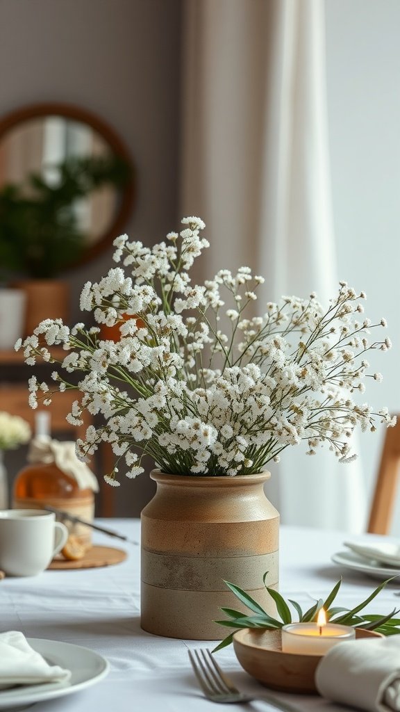 30 Beautiful Baby's Breath Centerpiece DIY Ideas A whimsical baby’s breath arrangement in a ceramic vase on a dining table.