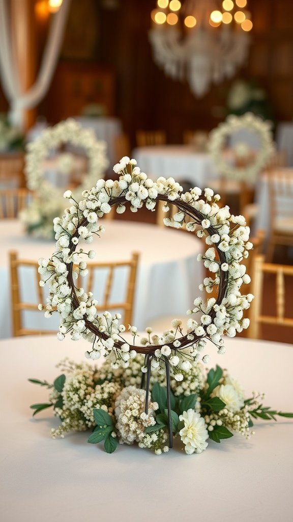 30 Stunning Baby's Breath Wedding Centerpieces for a Dreamy Celebration Elegant table setting featuring whimsical baby's breath wreaths as centerpieces.