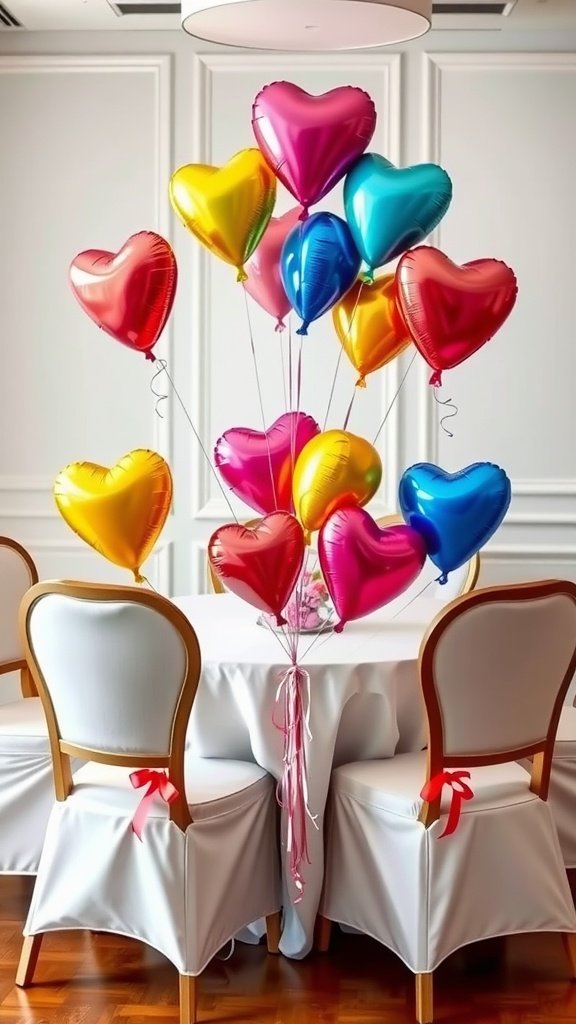 25 Stunning Valentines Table Decor Ideas That Will Make Your Dinner an Unforgettable Romance! A table decorated for Valentine's Day with heart-shaped balloons in various colors, creating a festive atmosphere. Valentines Table Decor