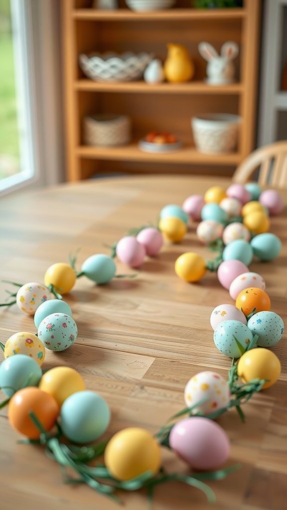 35 Easter Tablescape Ideas for a Festive Celebration Colorful Easter egg garland on a wooden table with a bright, cheerful atmosphere.