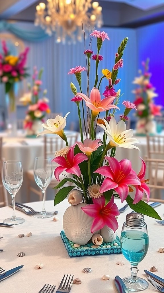 35 Magical Mermaid Party Ideas for an Under-the-Sea Celebration Colorful flower centerpiece for a mermaid party featuring shells and vibrant blooms.