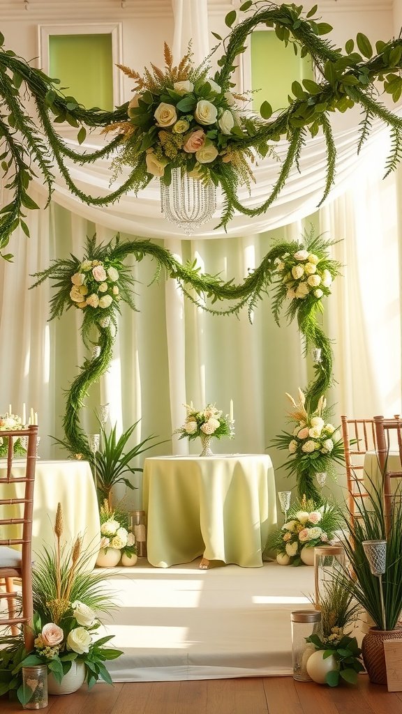 35 Stunning Olive Green Wedding Theme Color Schemes A whimsical wedding setting featuring olive green and pastel colors with floral decorations.