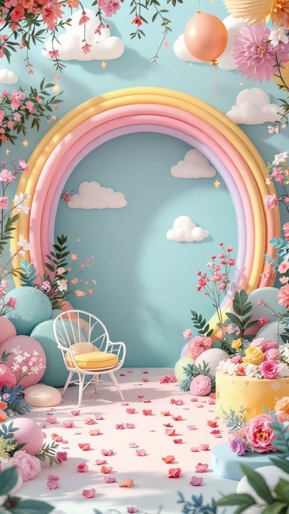 25 Beautiful Spring Wedding Color Palettes to Inspire Your Big Day A whimsical setup featuring a pastel rainbow arch, colorful spheres, and flowers, creating a dreamy atmosphere for a spring wedding.