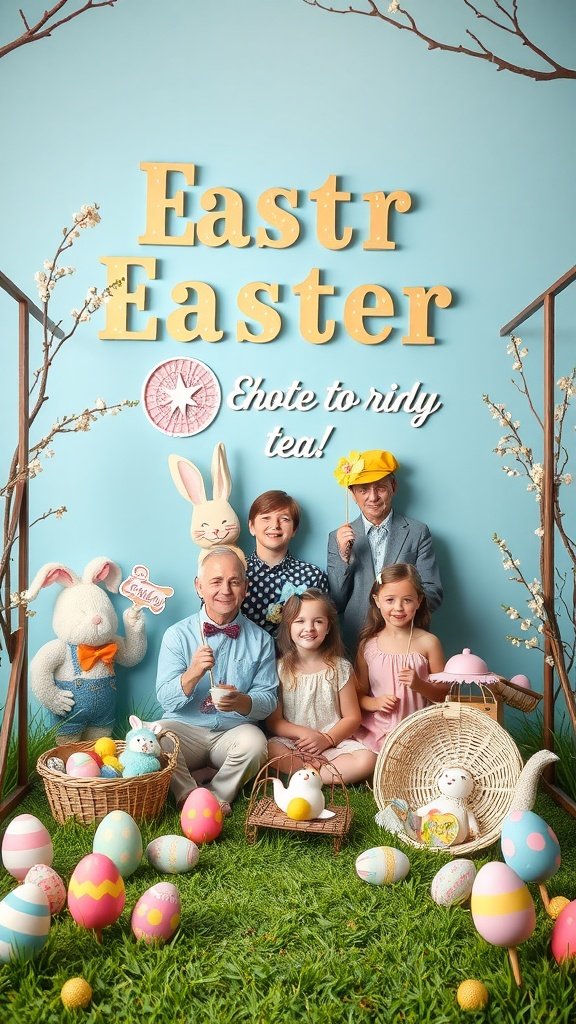 35 Charming Easter Tea Party Ideas for a Festive Celebration Colorful Easter photo booth setup with family and festive decorations